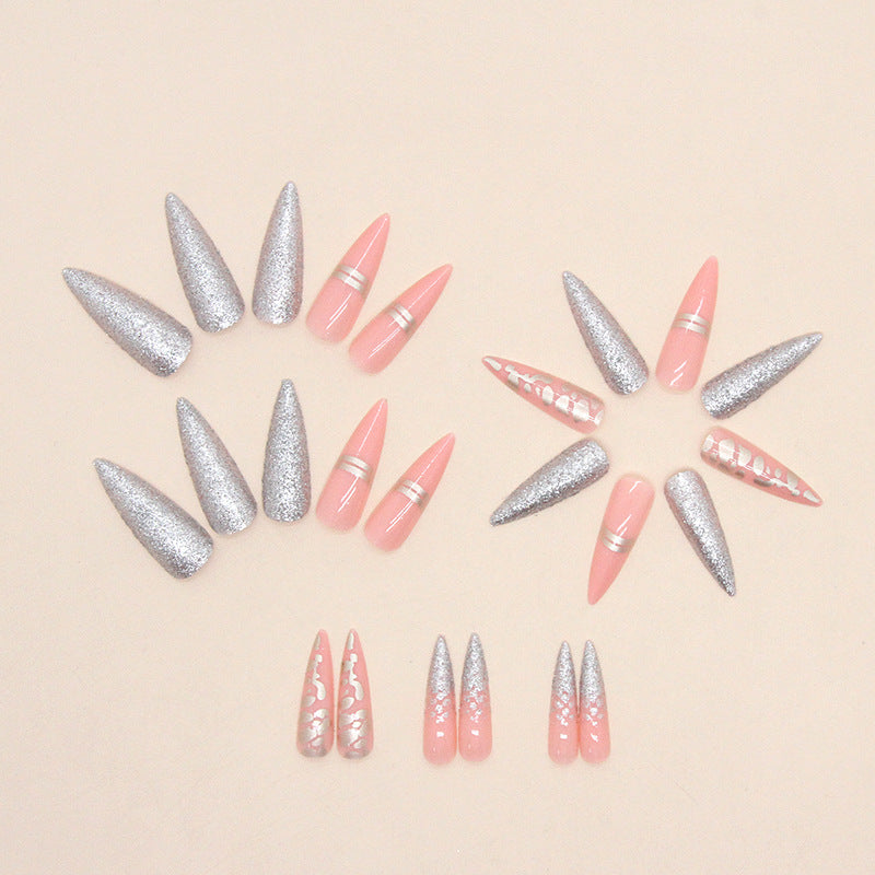 Gold Foil Lines Almond 24PCS Free Size Press on Nails W764