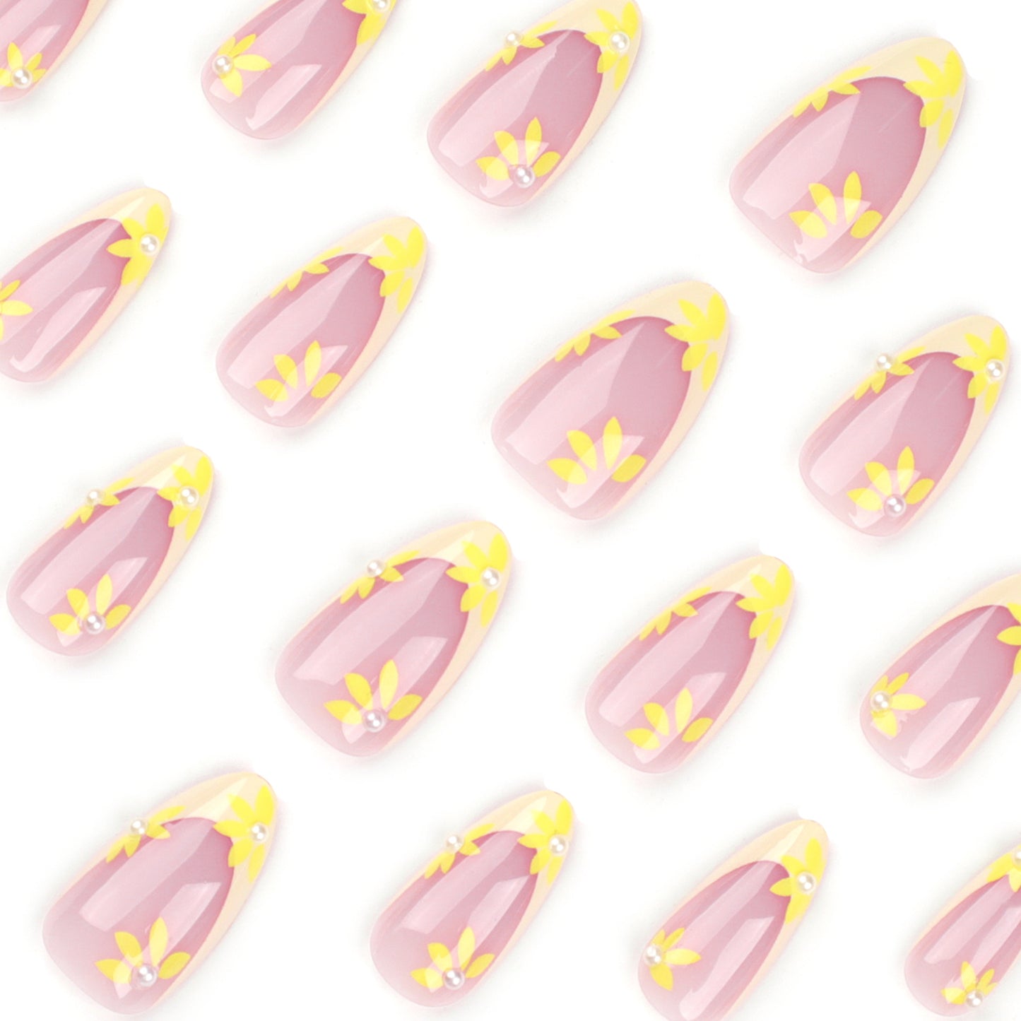 Yellow Daisy French Tip Almond 24PCS Free Size Press on Nails JP3313