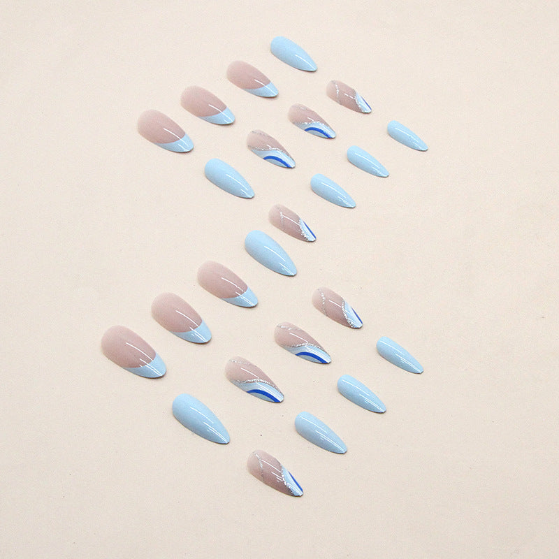 Blue Coastline Almond 24PCS Free Size Press on Nails W339