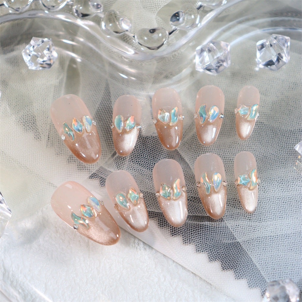 Crystal Slippers French Tip Handmade Almond Nails  A597