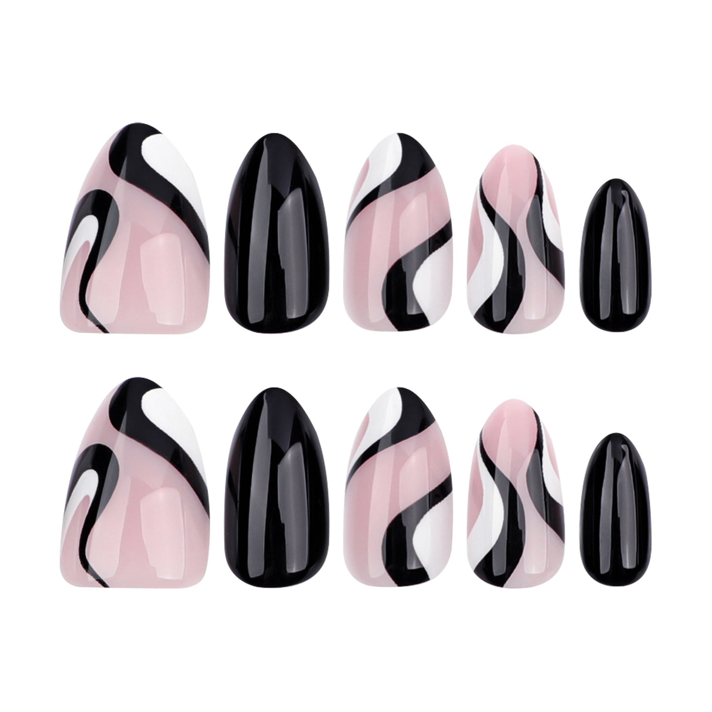 Black and White Abstract Stripes Almond 30PCS Free Size Press on Nails GD19