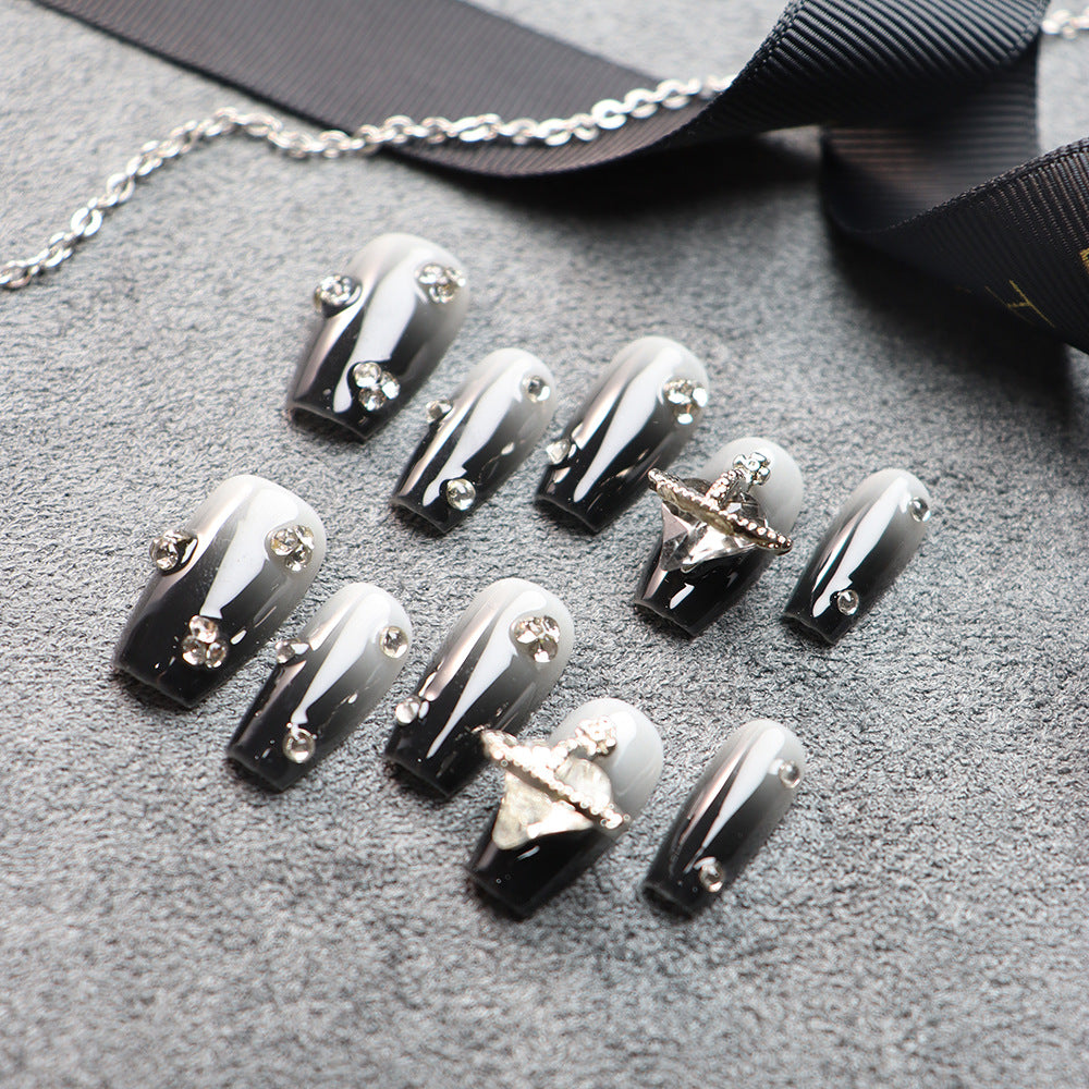 Black Velvet Rhinestones Y2K Handmade Coffin Press On Nails 114
