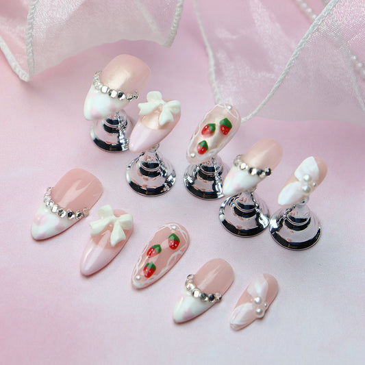 Strawberry Girl  French Tip Handmade Almond  Nails  A797 - NoirNail