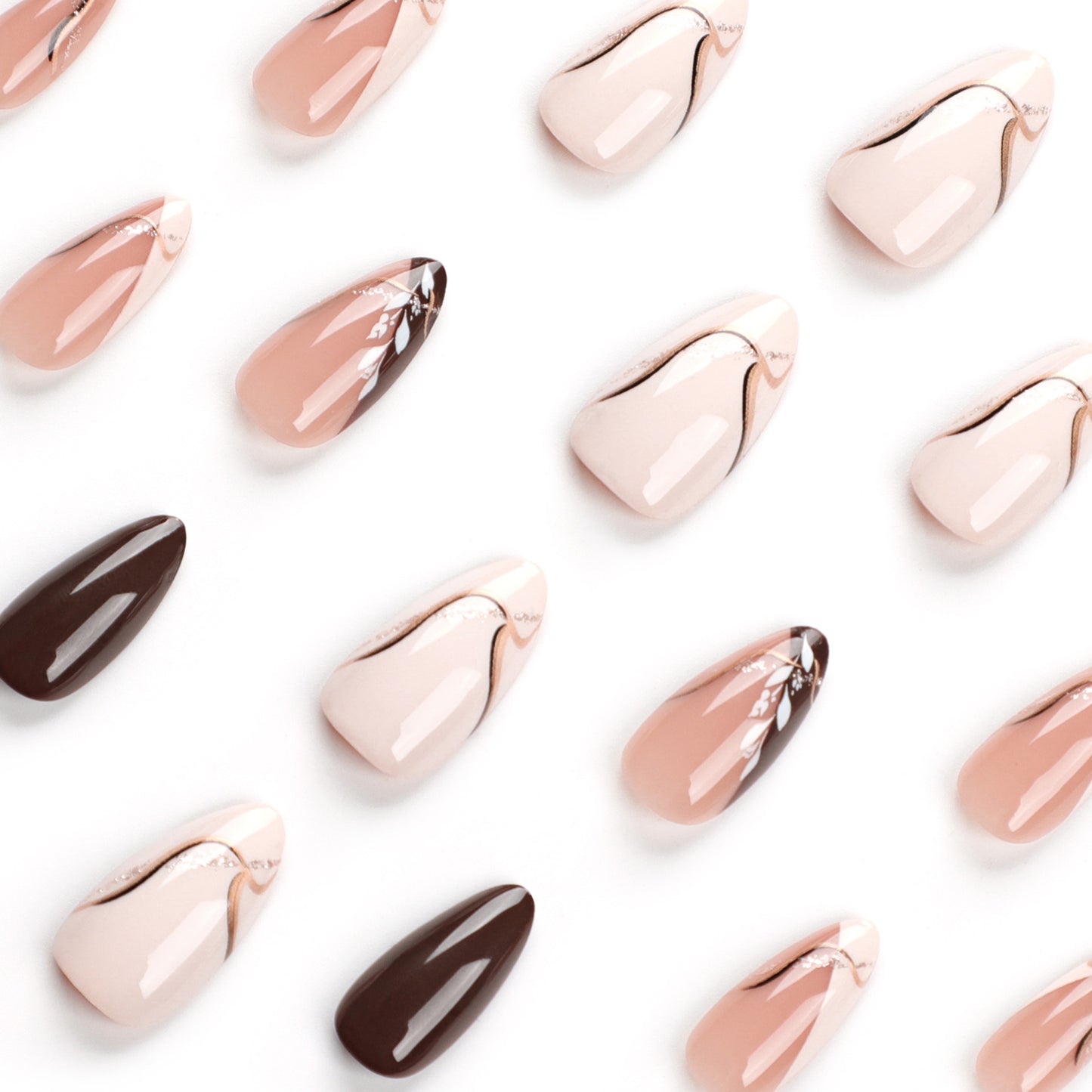 Maillard Leaves Almond 24PCS Free Size Press on Nails JP2873