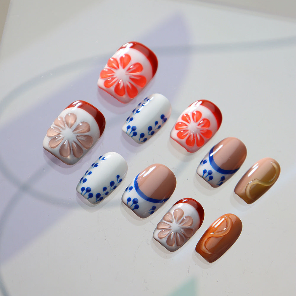 Grapefruit Lemon French Tip Handmade Square Press On Nails A704