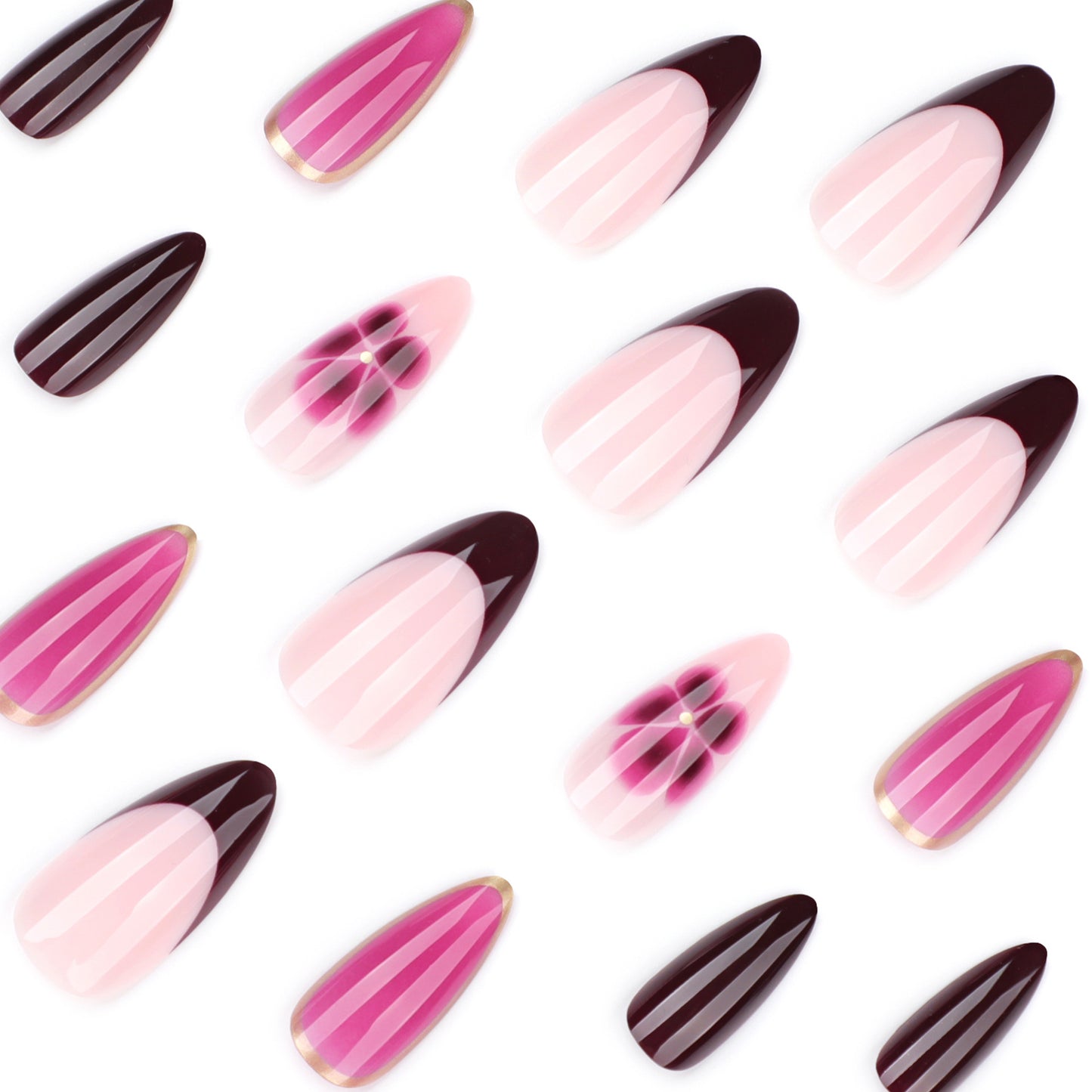 Pink Blooming Flowers Almond 24PCS Free Size Press on Nails JP3826