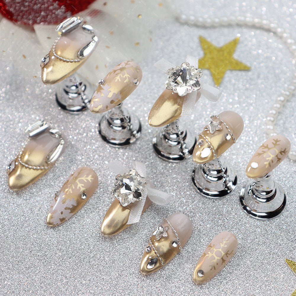 Champagne Gradient Christmas Rhinestones Handmade Almond Press On Nails  A1210