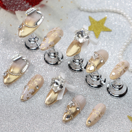 Champagne Gradient Christmas Rhinestones Handmade Almond Press On Nails  A1210