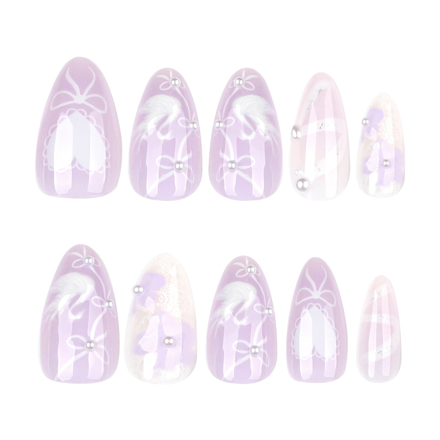 3D White Swan Almond 24PCS Free Size Press on Nails JP3886