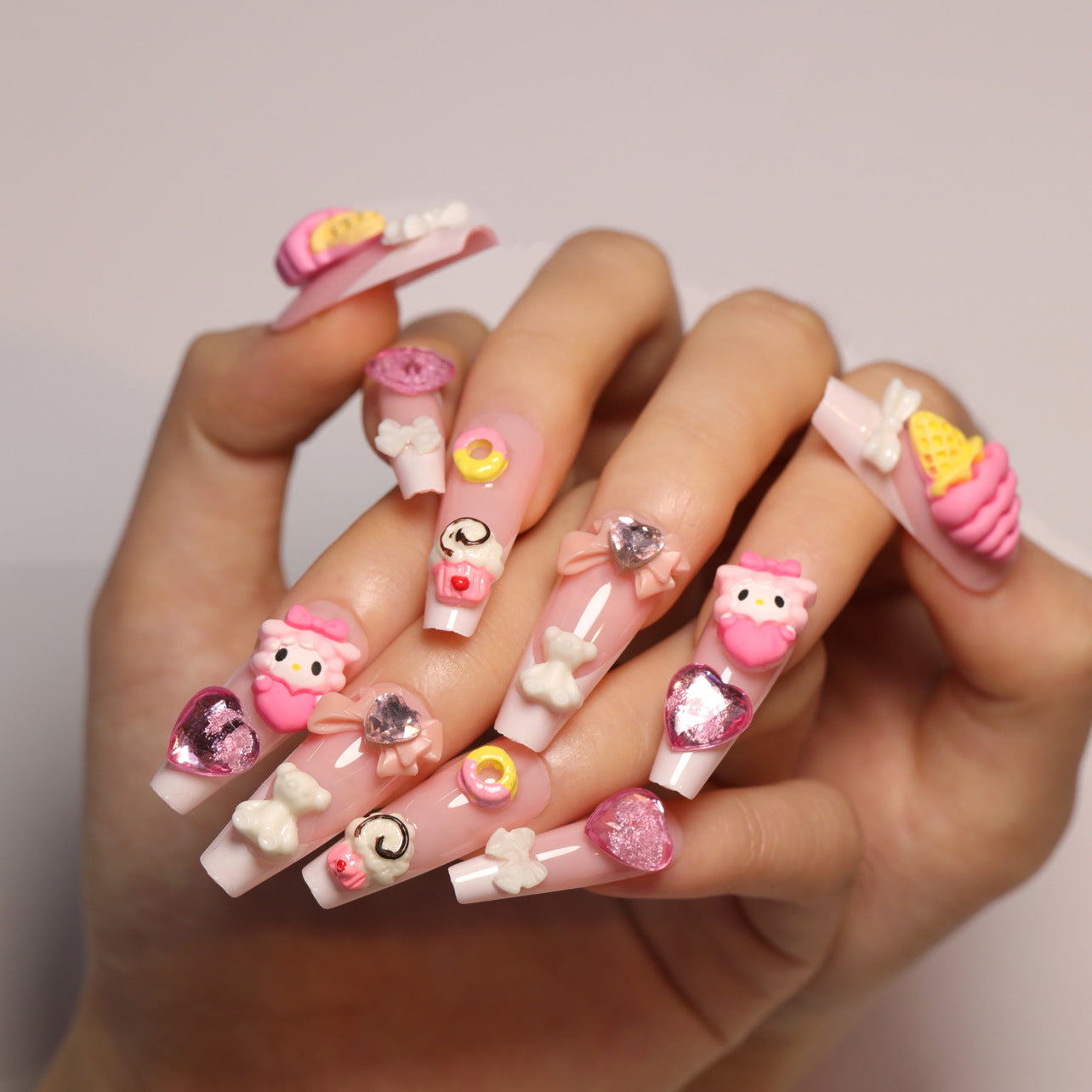 3D Ice Cream Cone Coffin 24PCS Free Size Press on Nails JP2800
