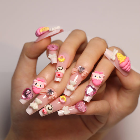 3D Ice Cream Cone Coffin 24PCS Free Size Press on Nails JP2800