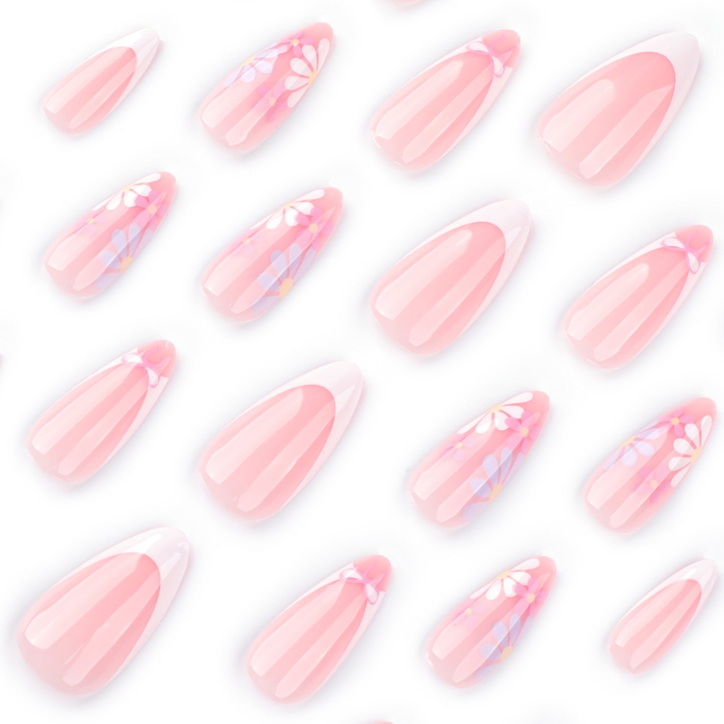 White Flowers Almond 24PCS Free Size Press on Nails JP3795