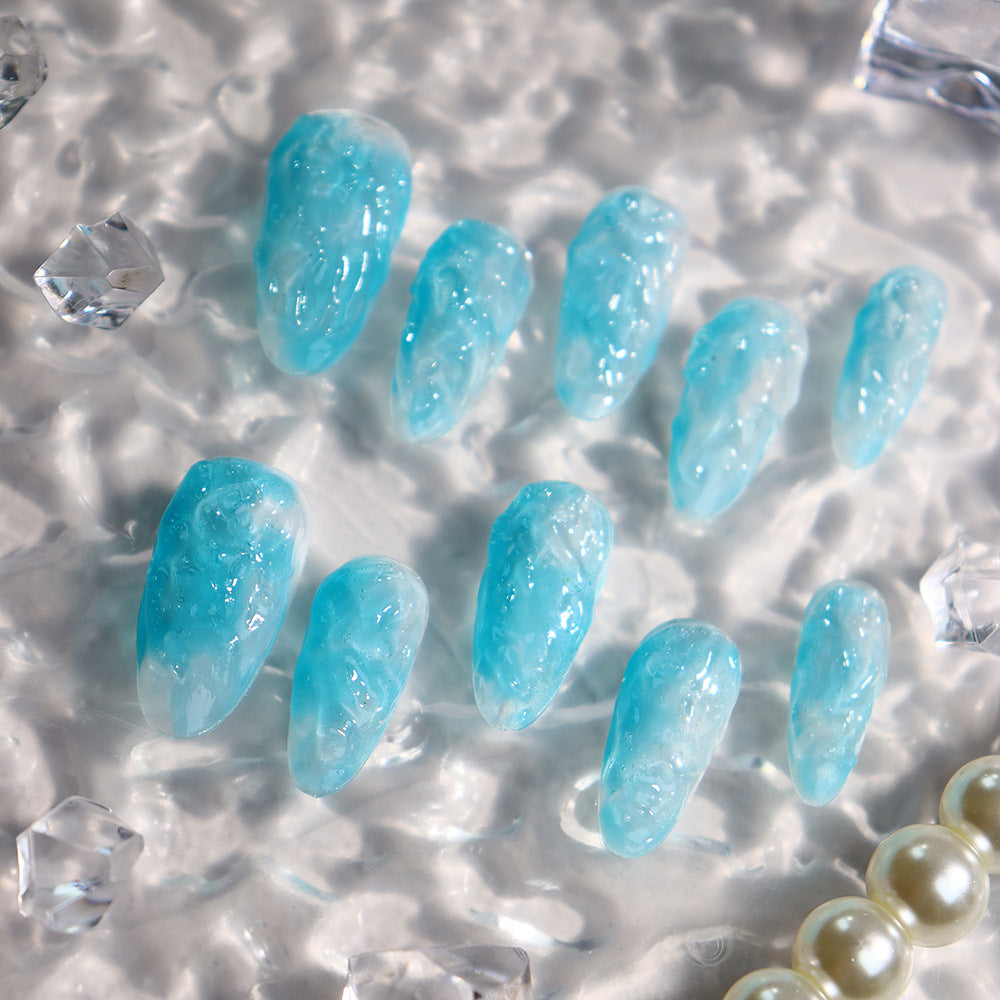 Blue Transparent Crystal Handmade Almond  Nails  A643 - NoirNail