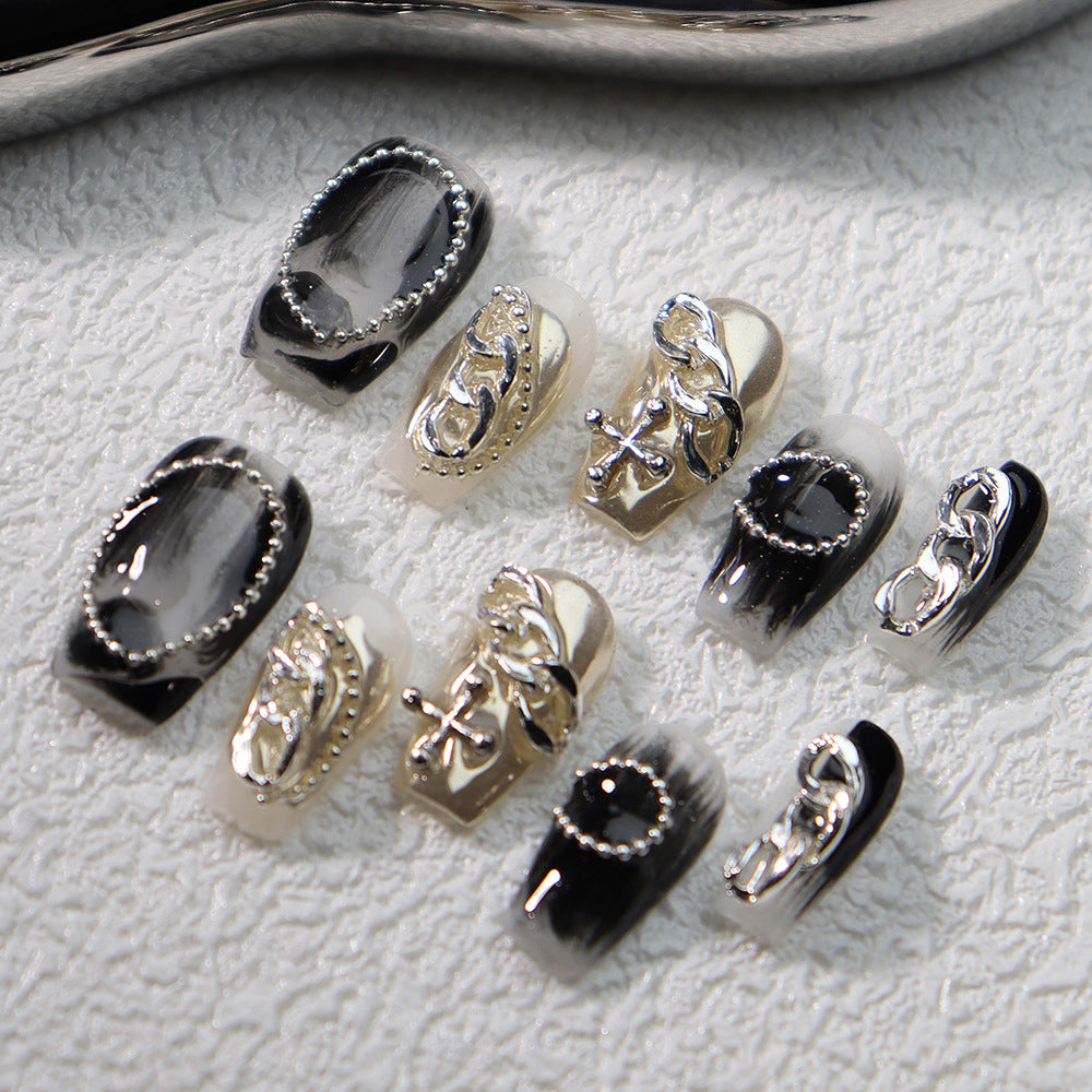 Chain Metallic Y3K Handmade Coffin Press On Nails A586