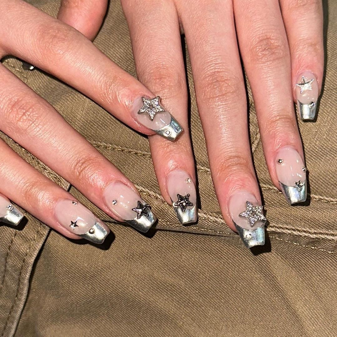 Grey Star Cat Eye Coffin French Press On Nails - NoirNail