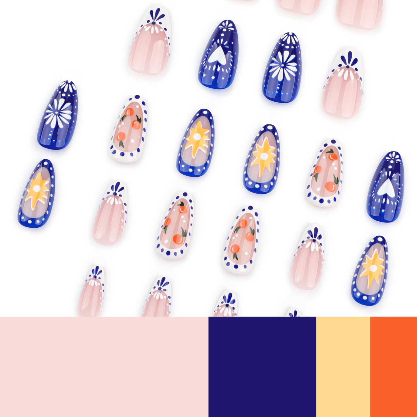French Tip Mediterranean Pattern Almond 24PCS Free Size Press on Nails JP3580