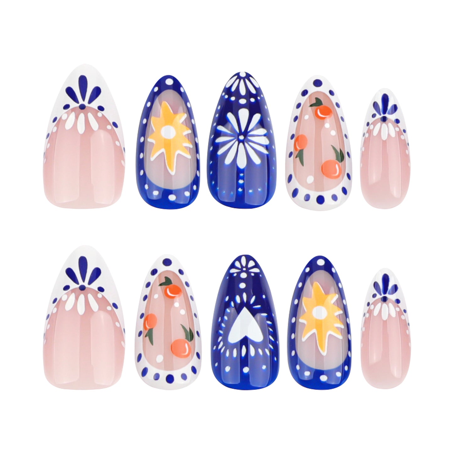 French Tip Mediterranean Pattern Almond 24PCS Free Size Press on Nails JP3580