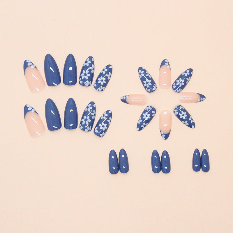 Blue Flowers Almond 24PCS Free Size Press on Nails W1766