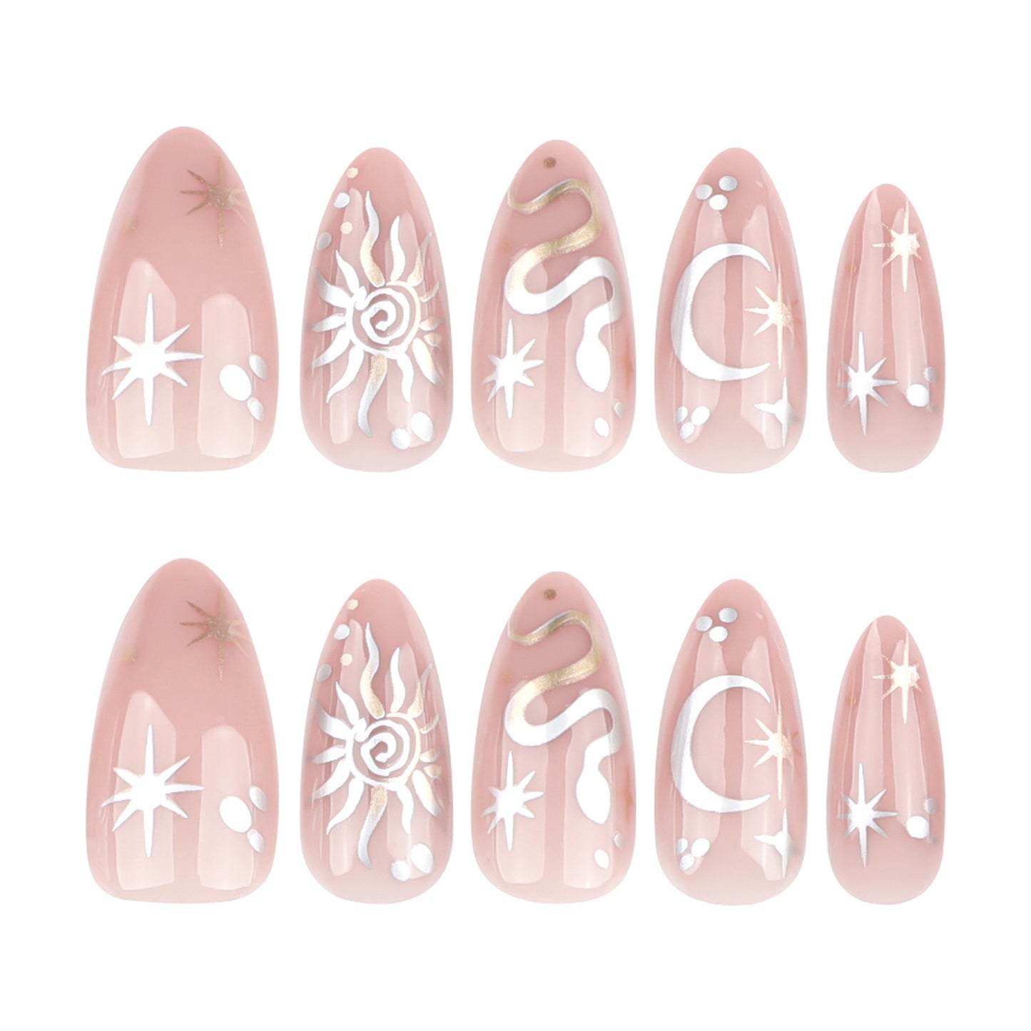 Stars and Moon Almond 24PCS Free Size Press on Nails JP3676