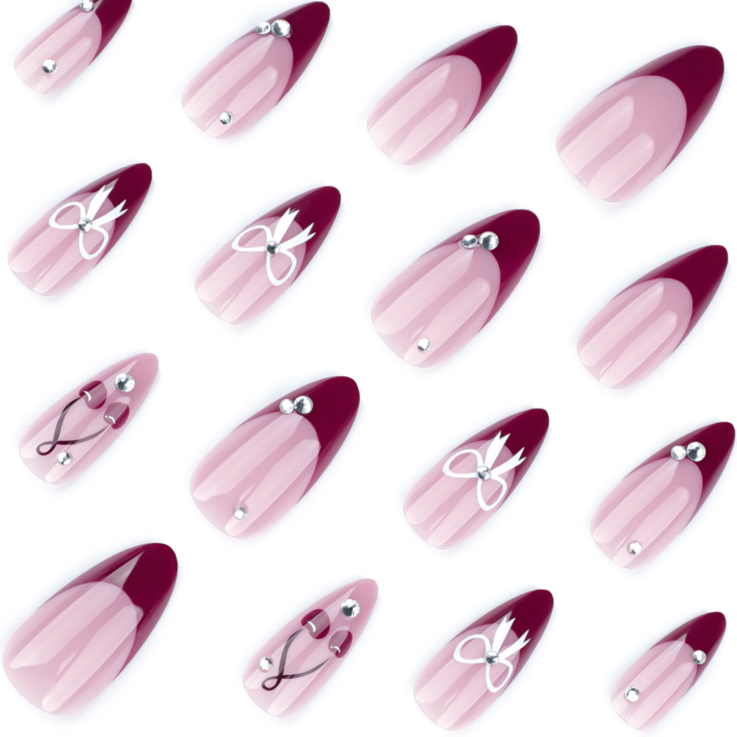Burgundy French Pointed Cherry Almond 24PCS Free Size Press on Nails JP3733