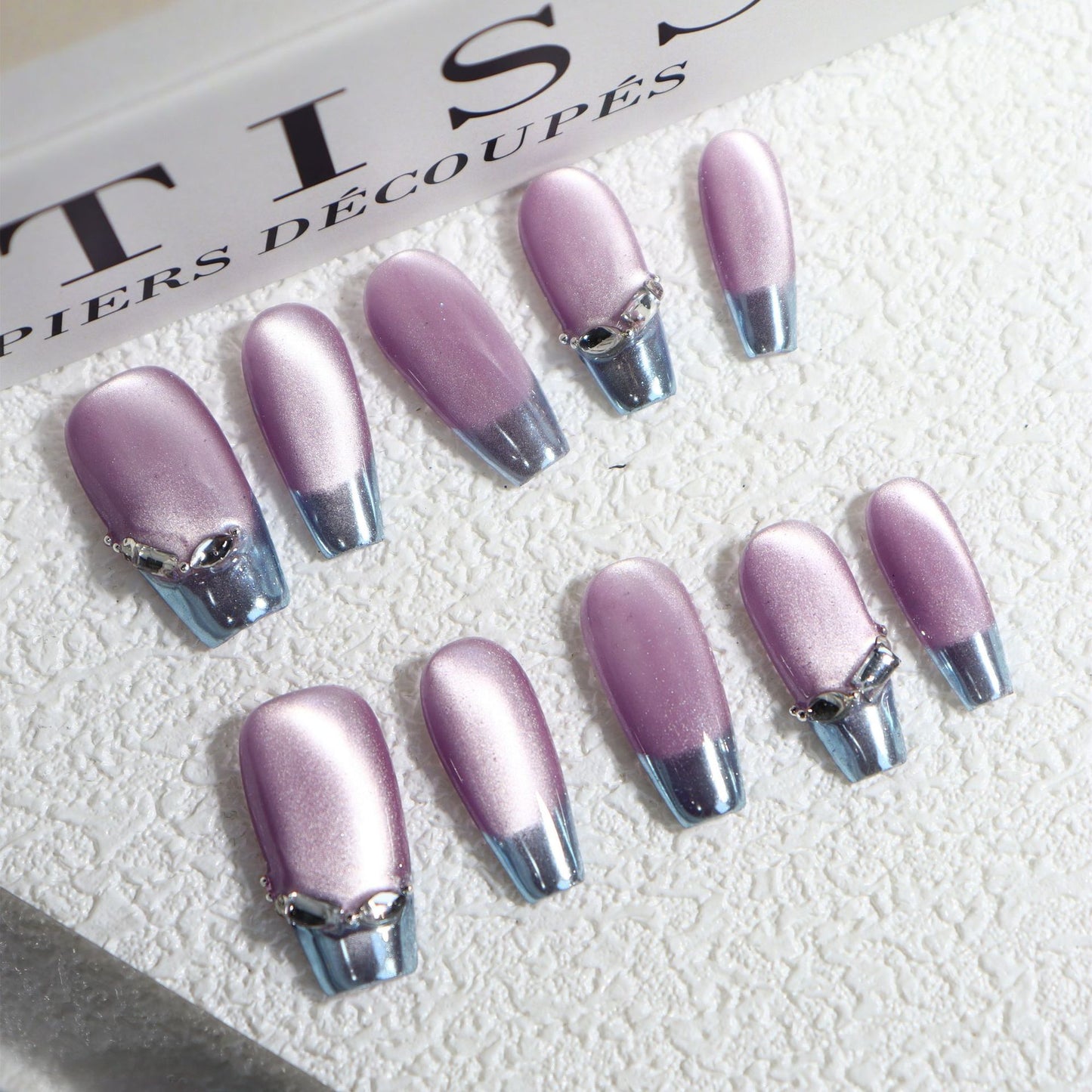 Violet Cat Eye Glue Handmade Coffin Press on Nails A439