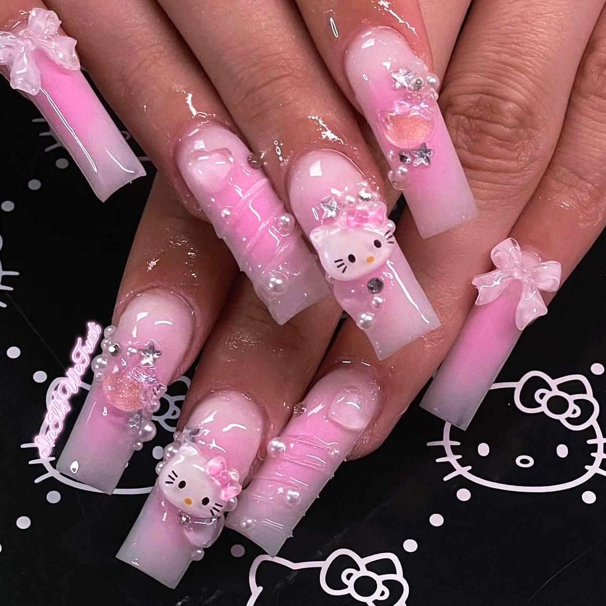 3D Water Ripple Hello Kitty Square Series Press on Nails