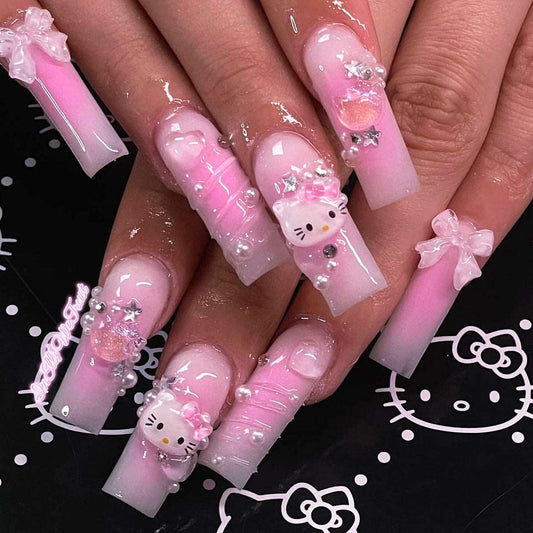 3D Water Ripple Hello Kitty Square Series Press on Nails