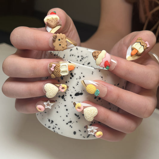 3D Ice Cream Cake Almond 24PCS Free Size Press on Nails JP2802