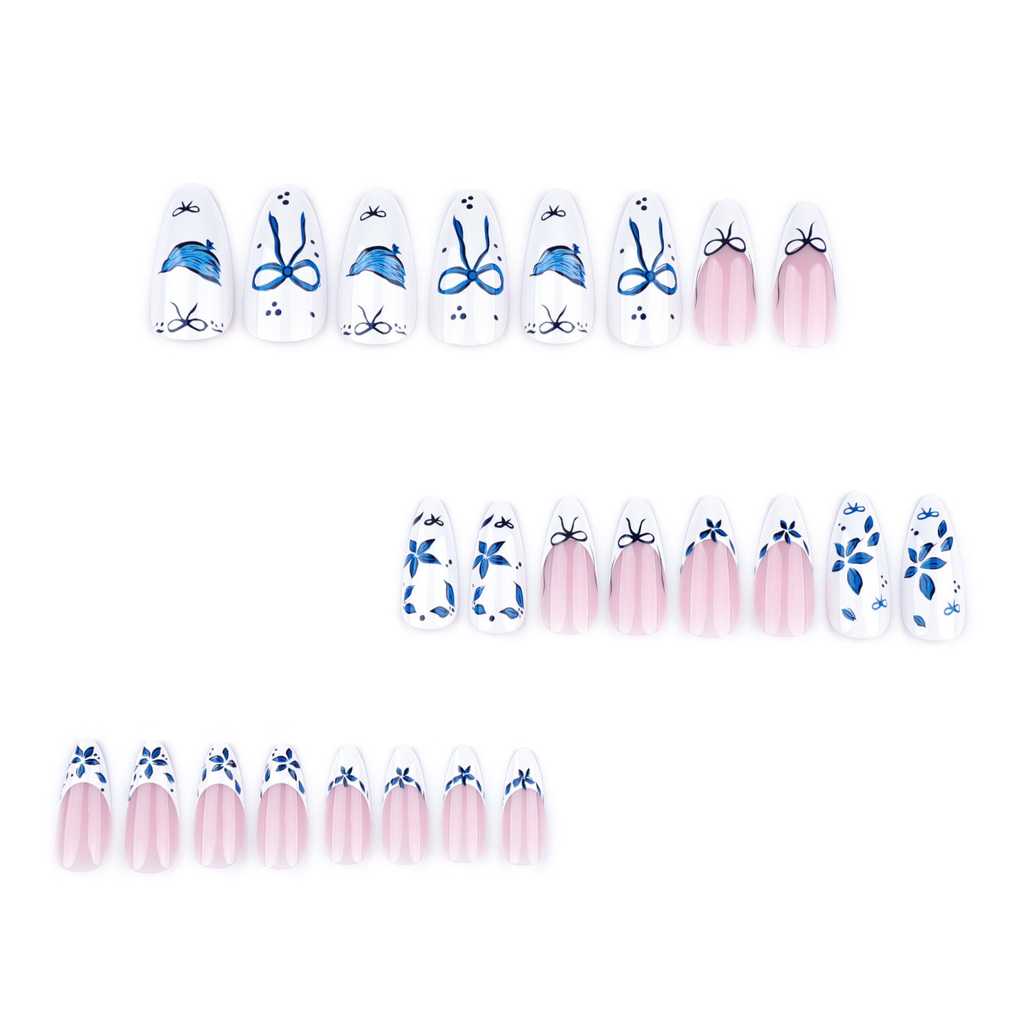 Simple Blue Bow Almond 24PCS Free Size Press on Nails JP3738