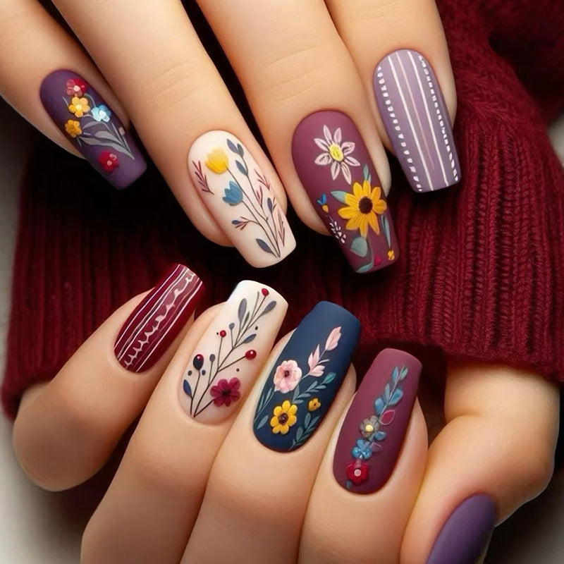 Retro Frosted Floral Stripes Coffin 24PCS Free Size Press on Nails W1809