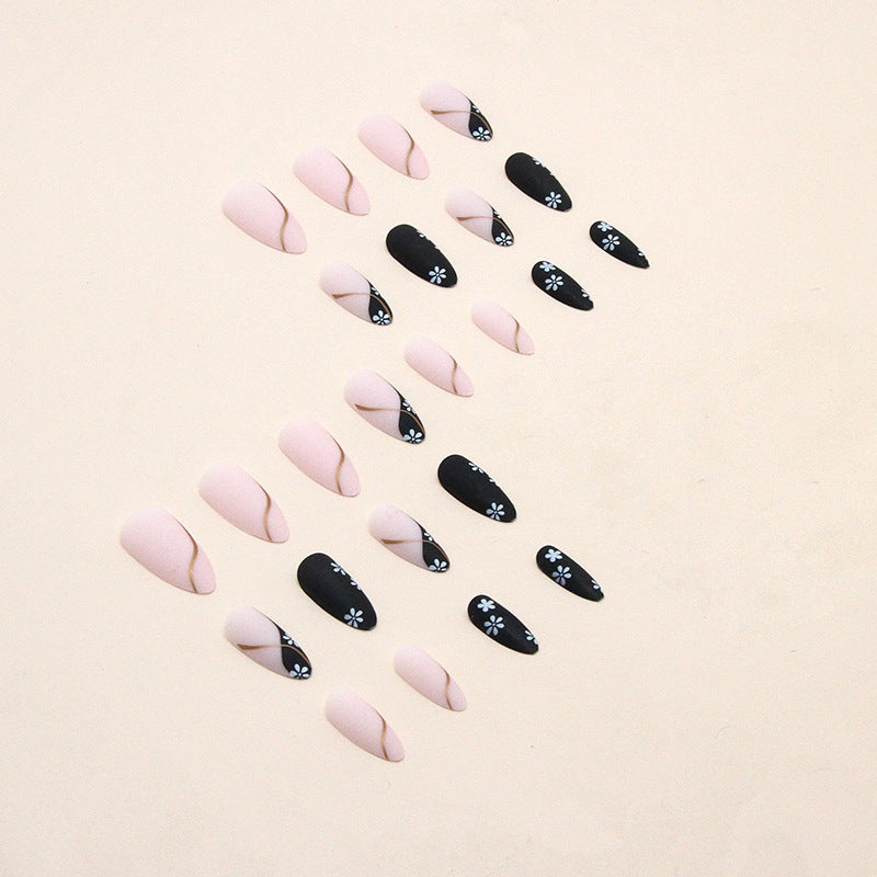 Black Vintage Daisy Almond 24PCS Free Size Press on Nails W316