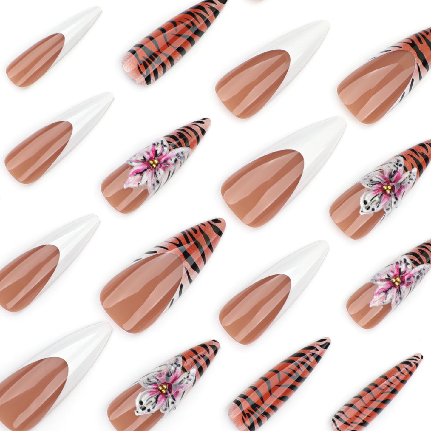Leopard 3D Flowers French Tip Stiletto 24PCS Free Size Press on Nails JP3558
