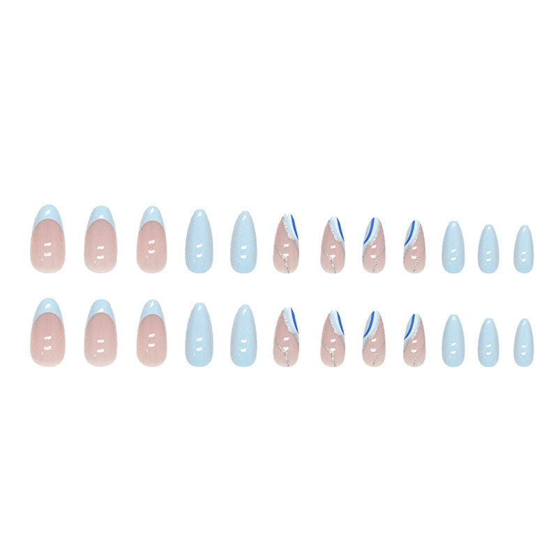 Blue Coastline Almond 24PCS Free Size Press on Nails W339