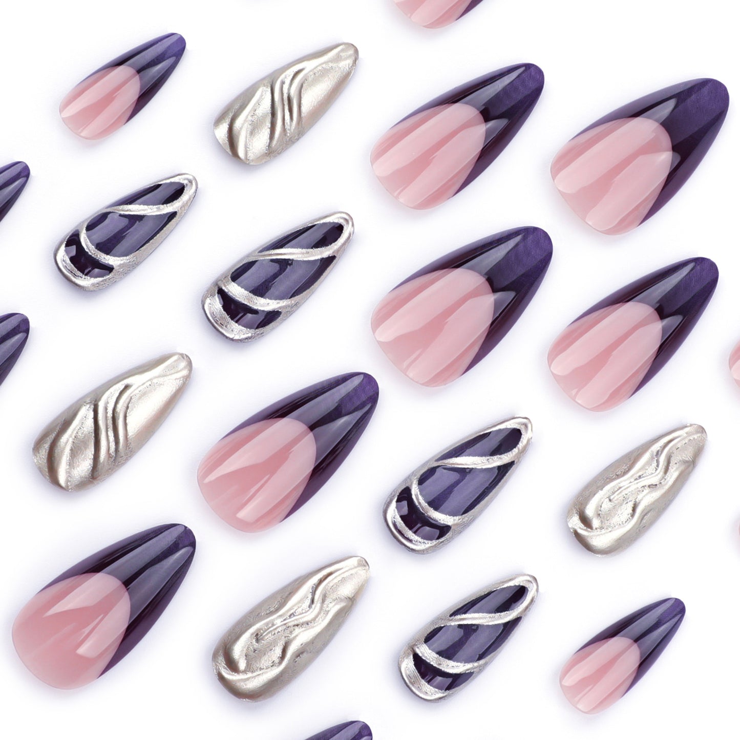 Future Metallic Y2K Deep French Almond 24PCS Free Size Press on Nails JP3515