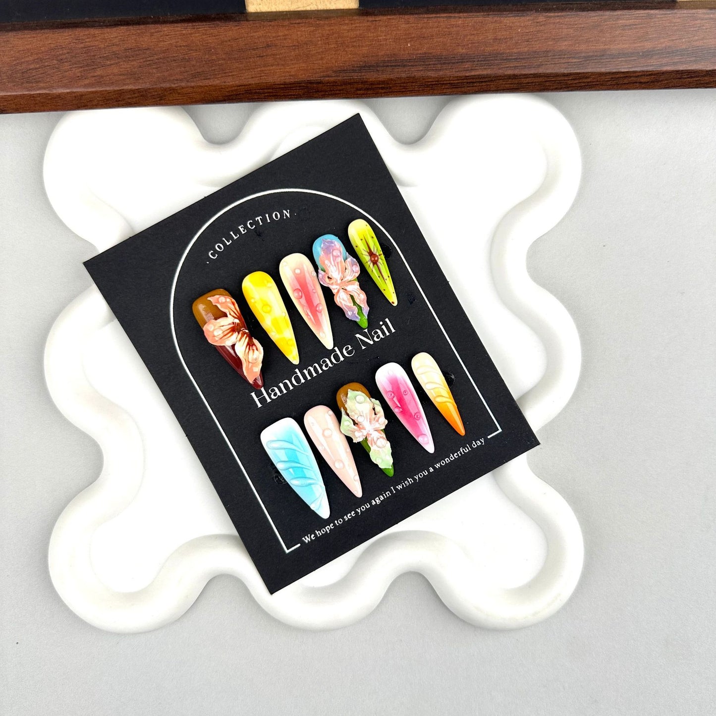 Hand Carved Petals Handmade Stiletto Press on Nails W016