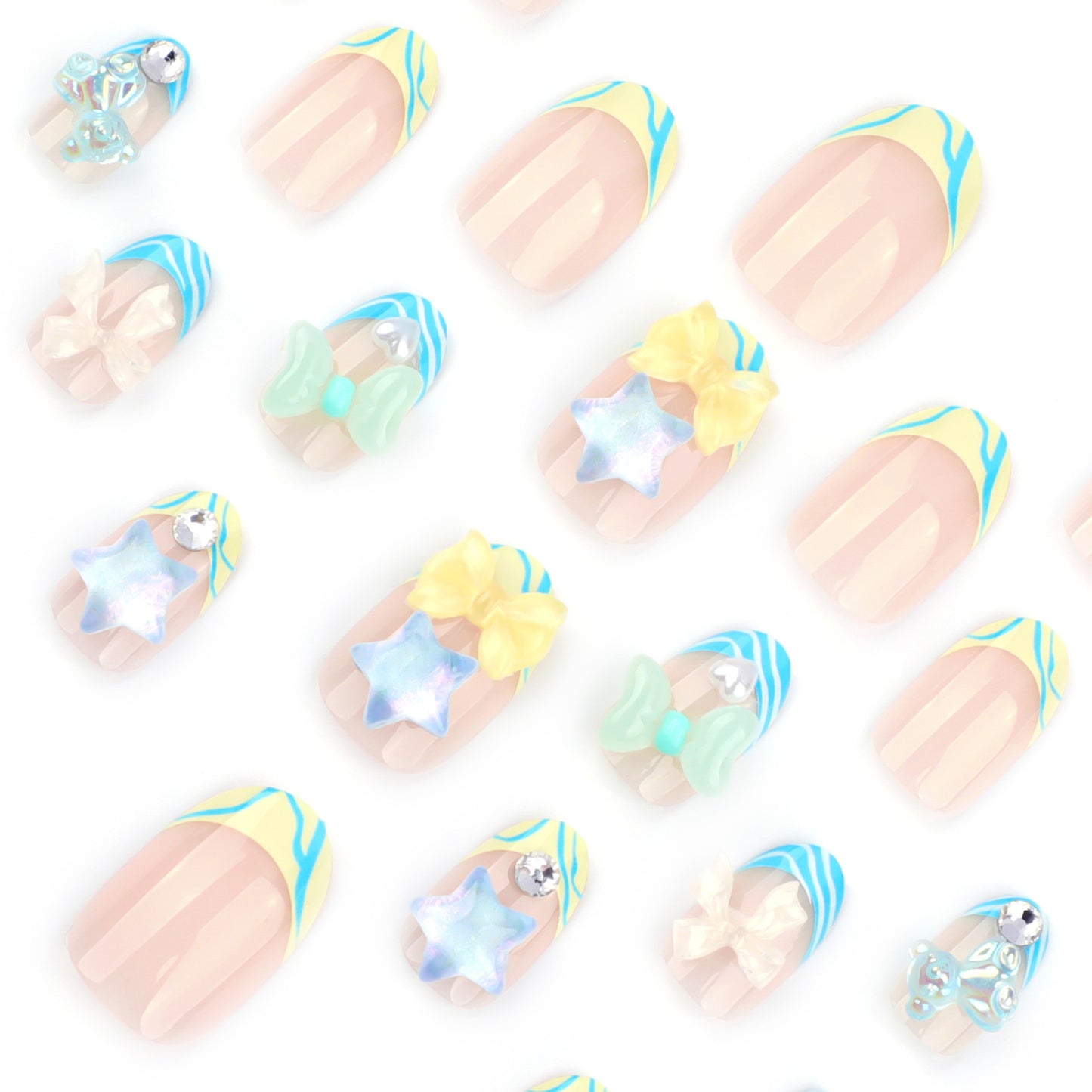 3D Blue and White Striped Bow Rounded 24PCS Free Size Press on Nails JP2798