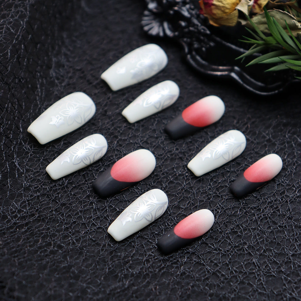 Crimson Anemone French Tip Handmade Coffin Press On Nails A630