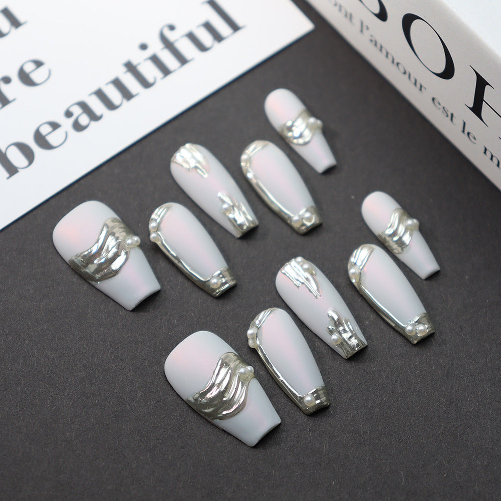 White pearl oyster Handmade Coffin Press on Nails 111