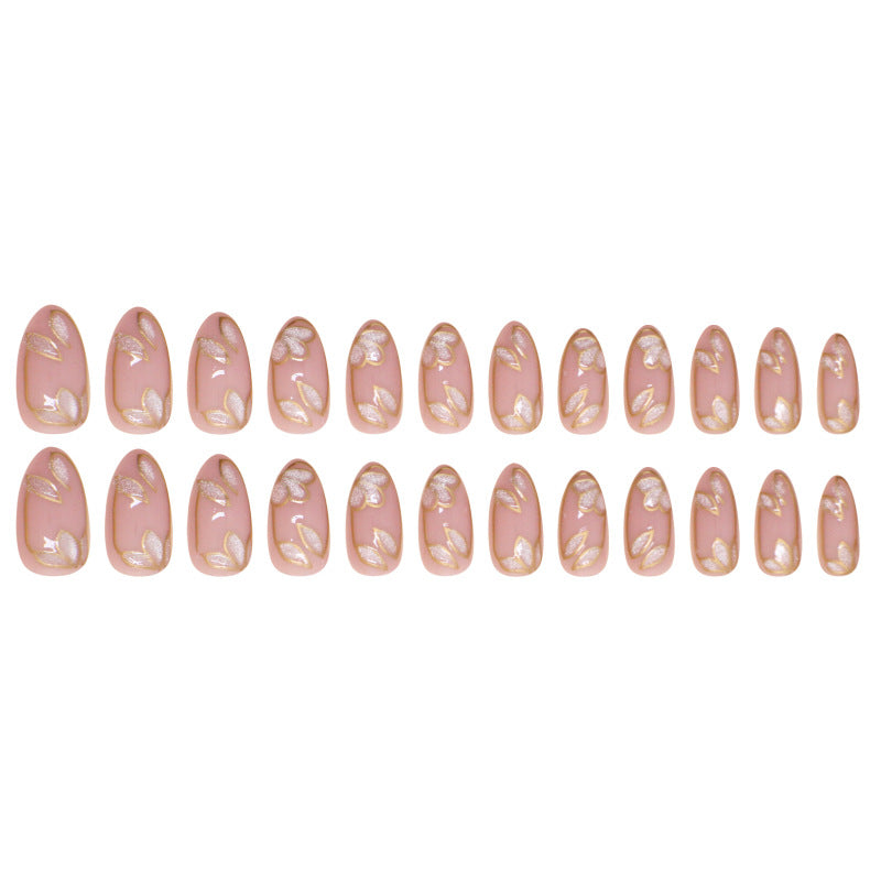 Gold Foil Flowers Rounded 24PCS Free Size Press on Nails W1749