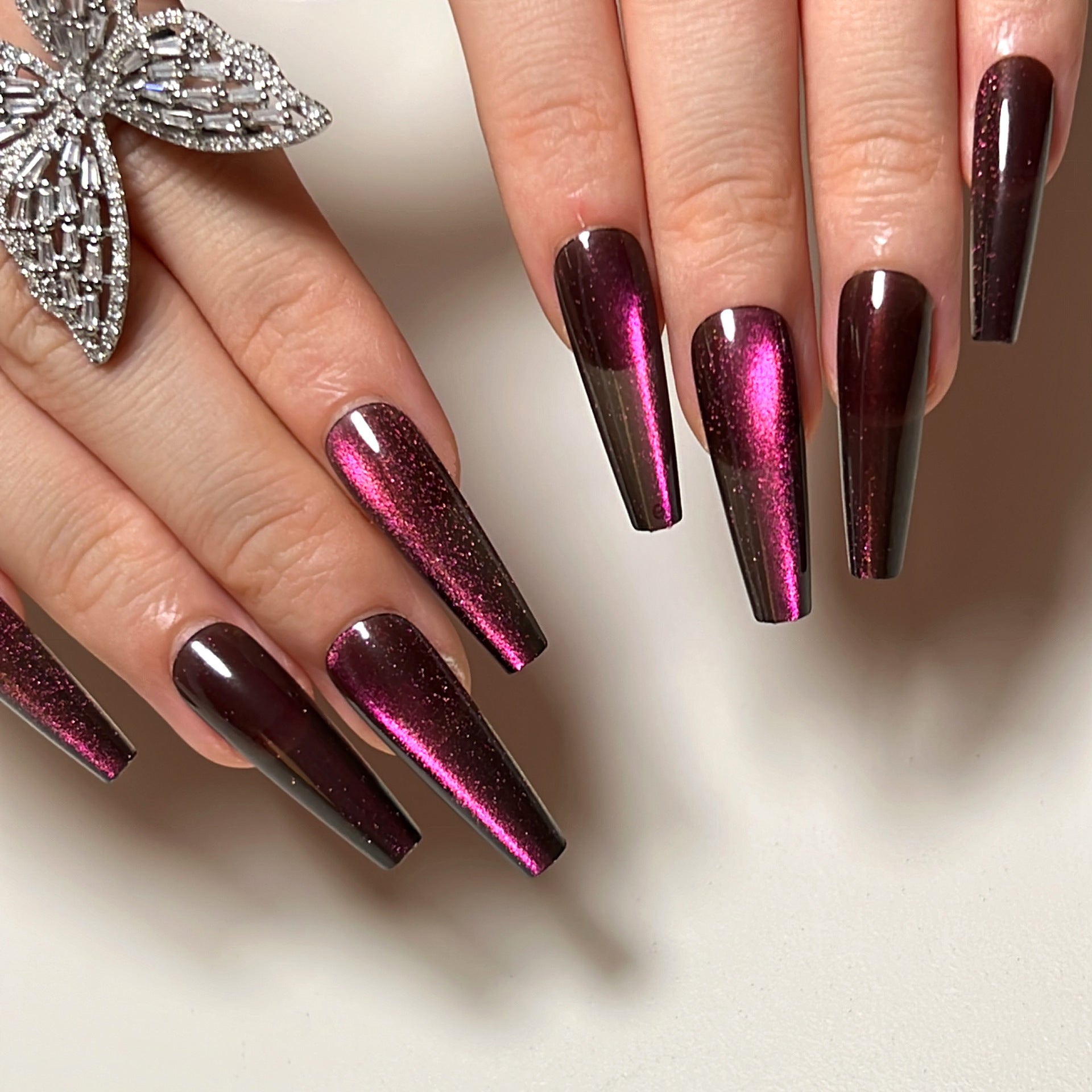 Raspberry Purple Cat Eye Coffin Press On Nails - NoirNail