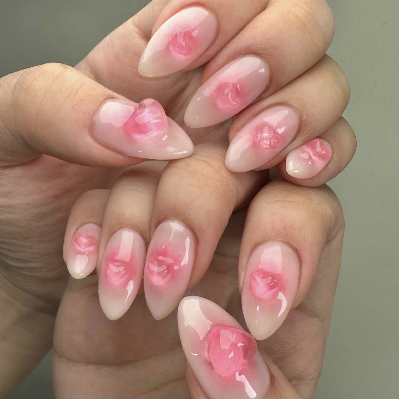 3D Peach Pink Heart  Almond 24PCS Free Size Press on Nails JP3577