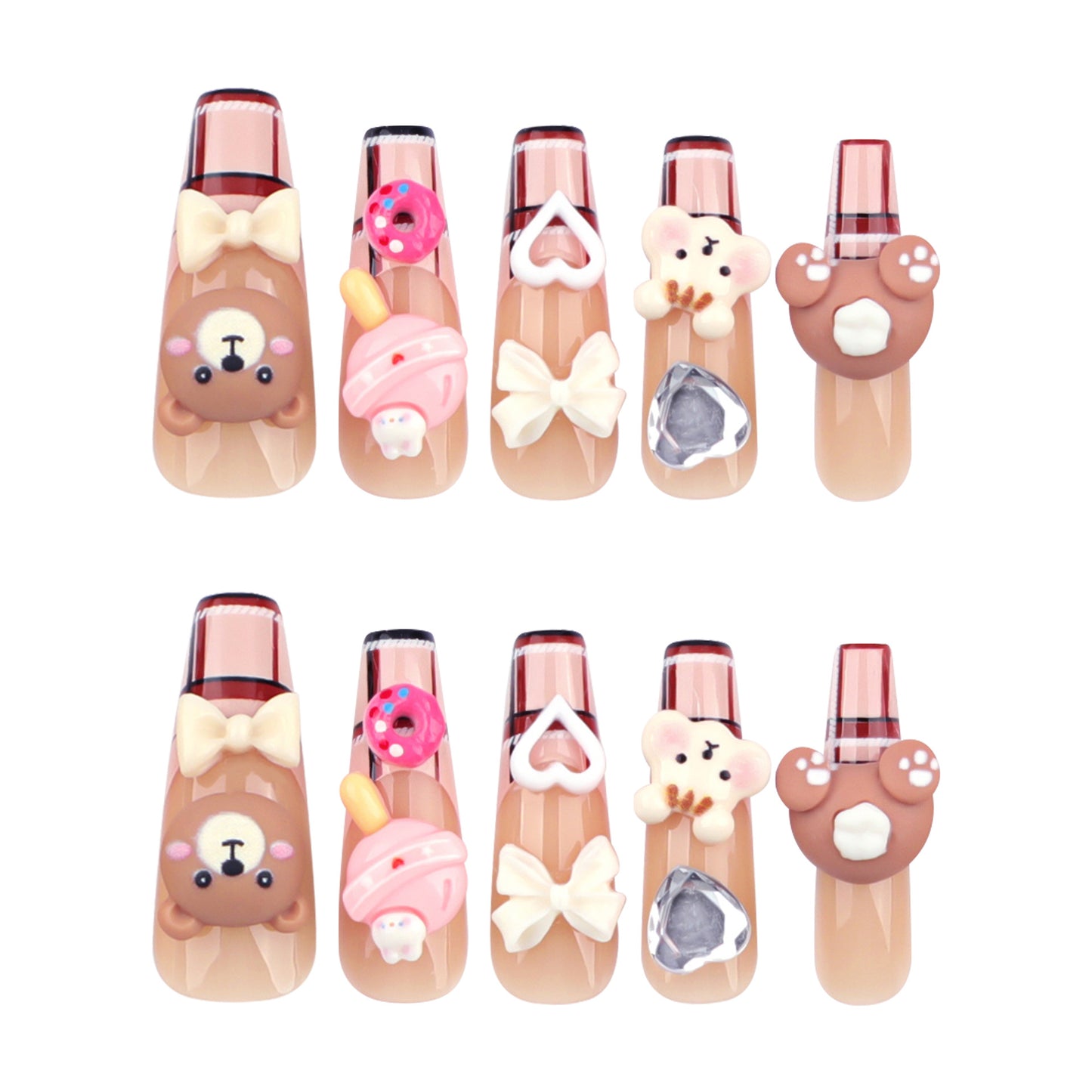 3D Cute Bear French Plaid Coffin 24PCS Free Size Press on Nails JP2796