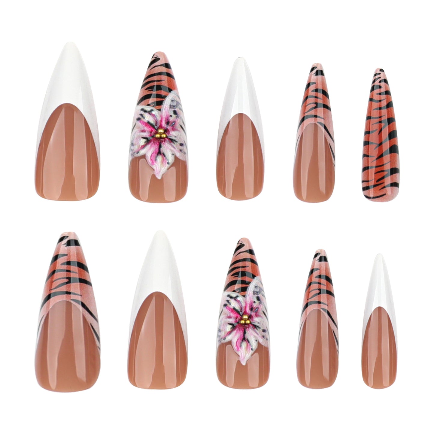 Leopard 3D Flowers French Tip Stiletto 24PCS Free Size Press on Nails JP3558