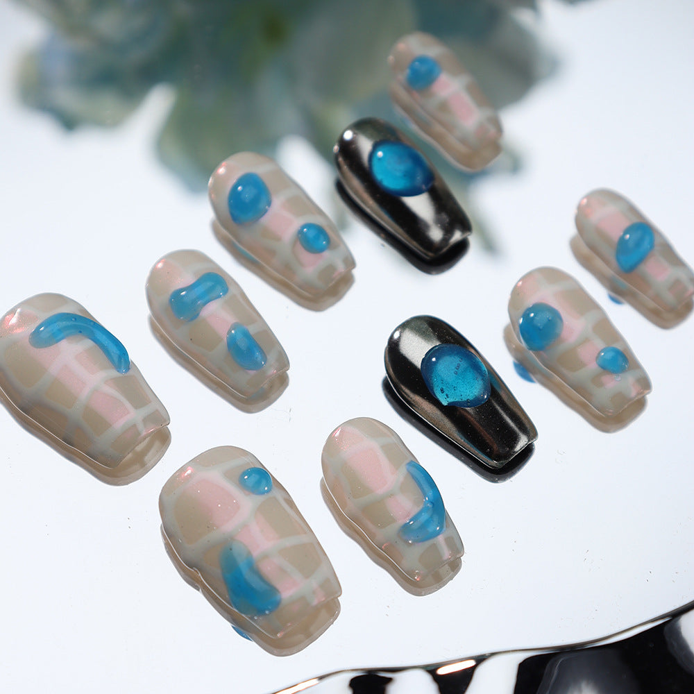 Blue Ink on Plaid Skirt Handmade Coffin Nails A854