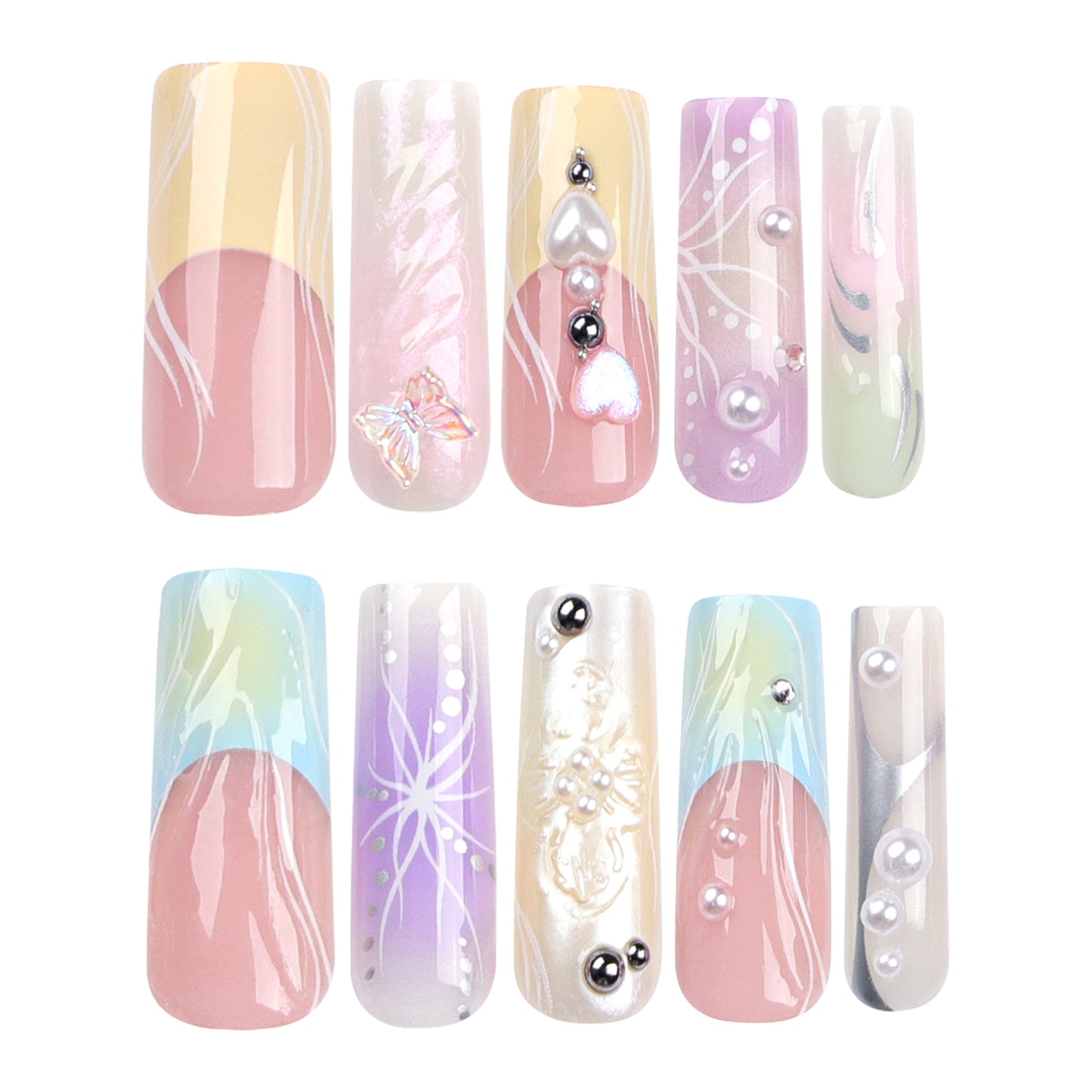 French 3D Water Ripple Gradient Ocean Series Extra Long Square Press on Nails - NoirNail
