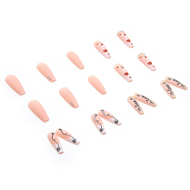 French Love Rhinestone Extra Long Coffin Press On Nails - NoirNail