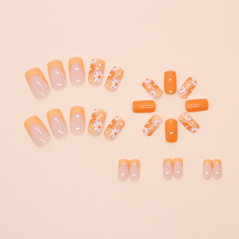 Orange Wildflowers Square 24PCS Free Size Press on Nails W1689