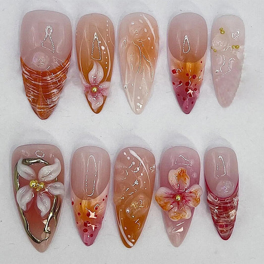 3D Water Ripple Lily Almond 24PCS Free Size Press on Nails
