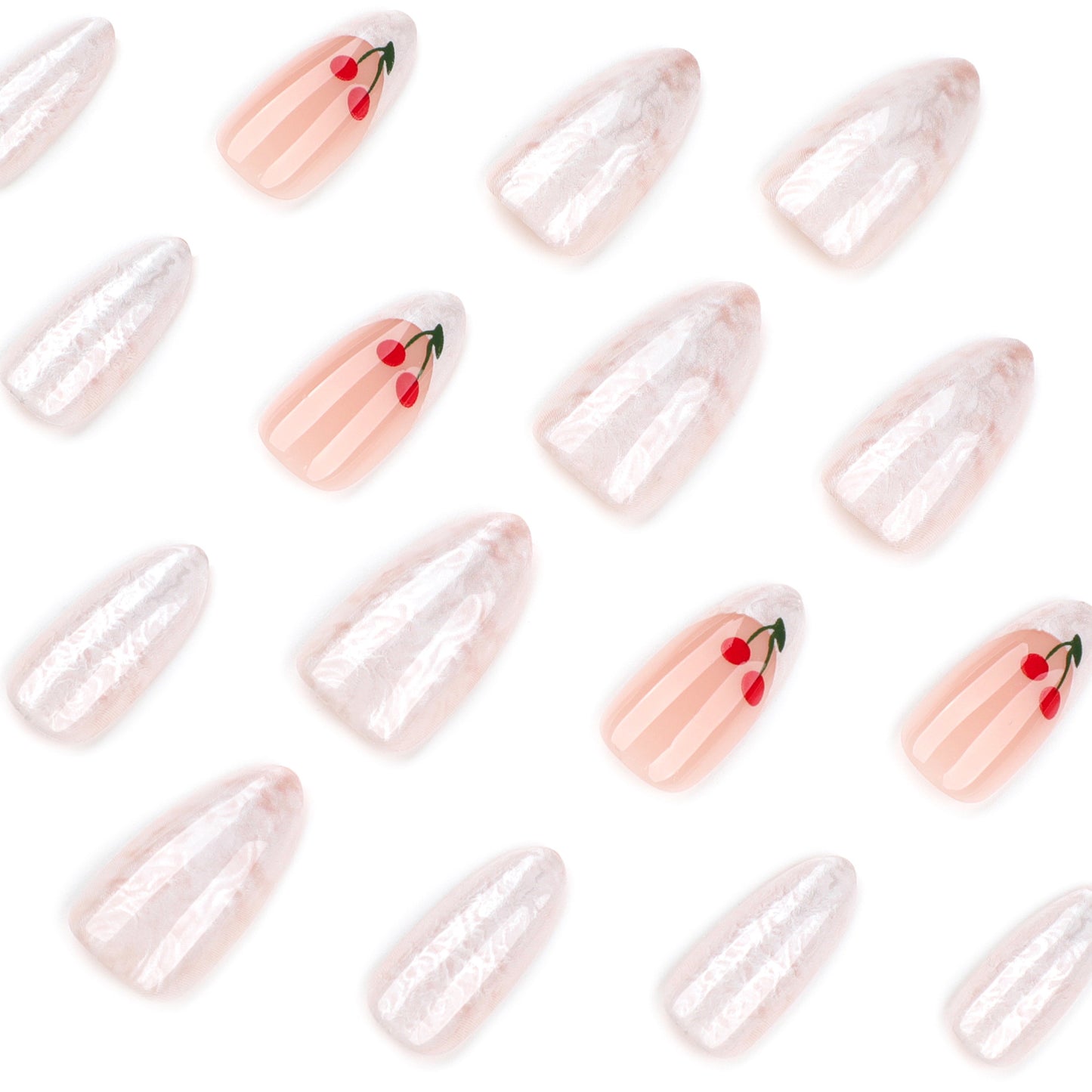 Pearlescent Powder Cherry Almond 24PCS Free Size Press on Nails JP3928