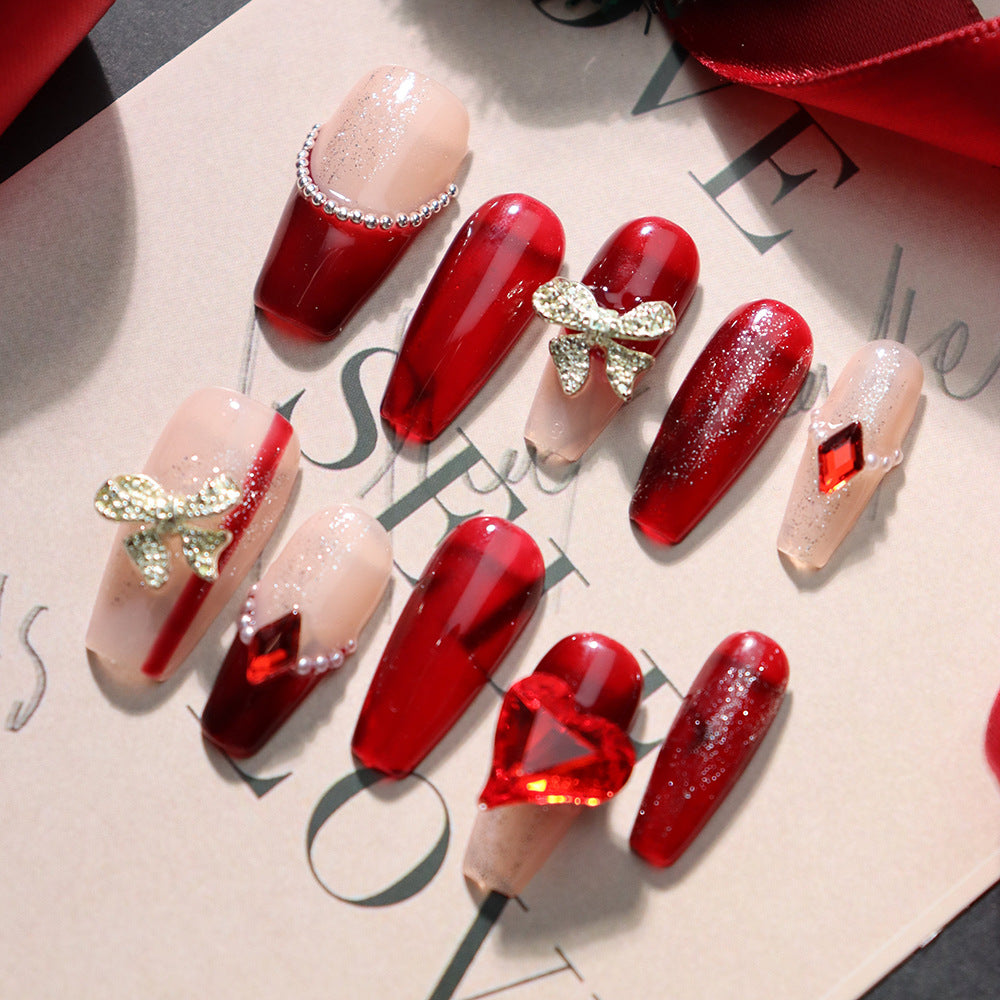 Merry Christmas Ruby Rhinestones Handmade Coffin Press On Nails  A674